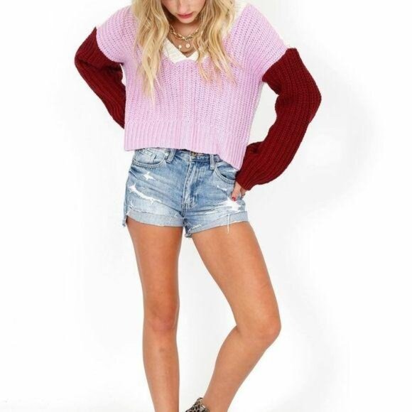 Wildfox NWT Color Me Beverly Chunky Knit Cropped Sweater pink cream red Med - Picture 5 of 12